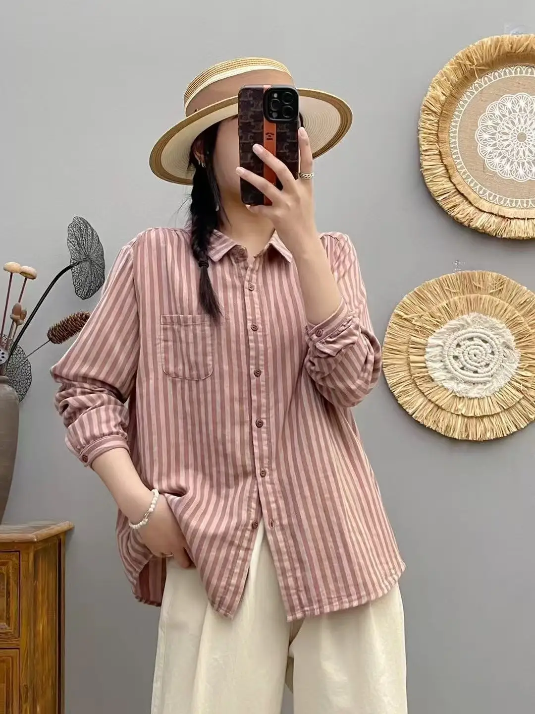 Nuova camicia a maniche lunghe in filato di cotone primavera 2025, colletto rovesciato da donna a righe, camicetta allentata morbida casual retrò Mori Girl T53122CC