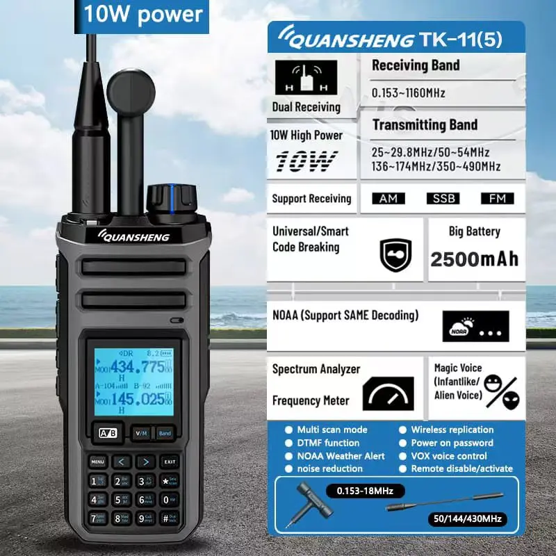 

​Quansheng TK-11(5) 10W VHF/UHF Dual Band Radio 999CH CTCSS/DCS IP55 2500mAh Type-C NOAA Weather Alarm CE