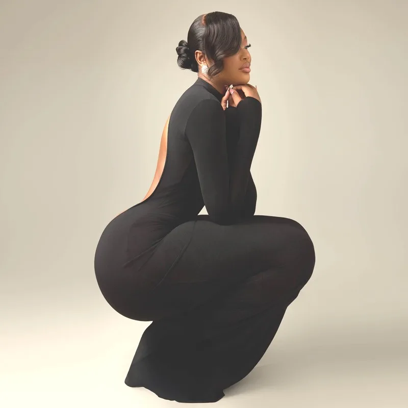 Afrikanisches Damen-Maxikleid mit Rückenausschnitt, hohem Kragen, langen Ärmeln, figurbetontem Schnitt, dehnbarem, schmalem Wickelrock, elegant für Club und Party – Detail 7