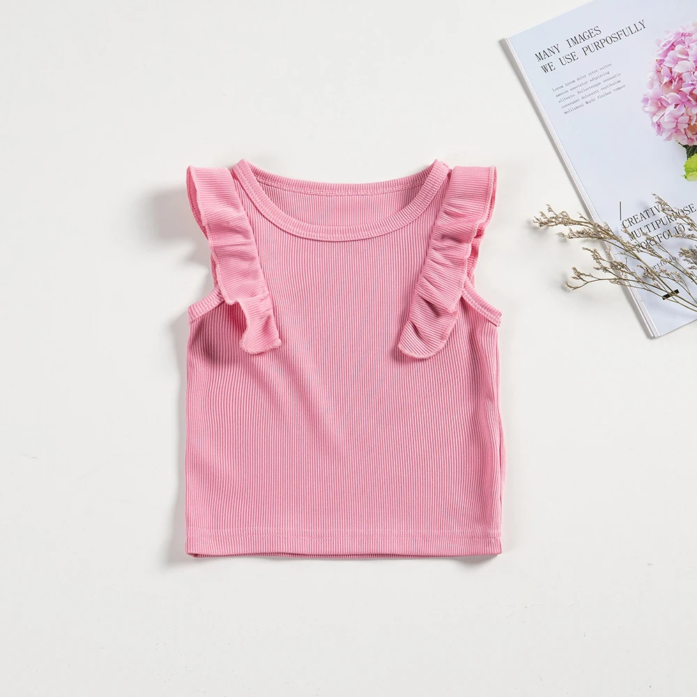 Baby Girl Summer T-shirt 3-piece Solid Color Knitted Breathable Small Flying Sleeves for Casual Fashion, Daily Wear or Home Wear