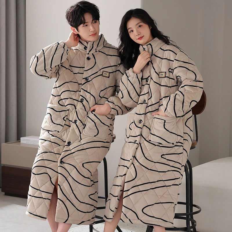 Winter Couple Robe Hooded Pajamas Set Thick Warm 3 Layer Clip Cotton Robe Women And Men Home Clothing