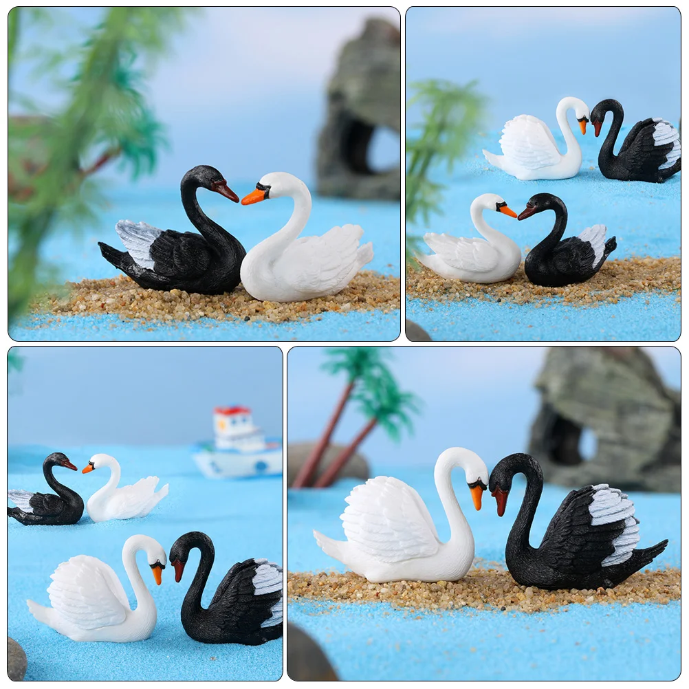 Figuras en miniatura de adorno de cisne blanco y negro, maceta, musgo, pareja romántica, figuras de plástico para amantes de los coches, 8 Uds.