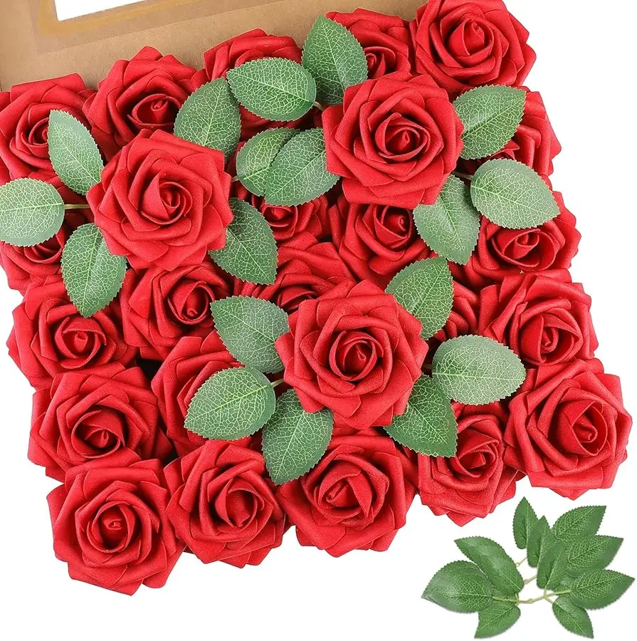 

Artificial Flowers Red Rose 50pcs Real Looking Fake Roses w/Stem for DIY Wedding Bouquets Centerpieces Arrangements Party Baby S