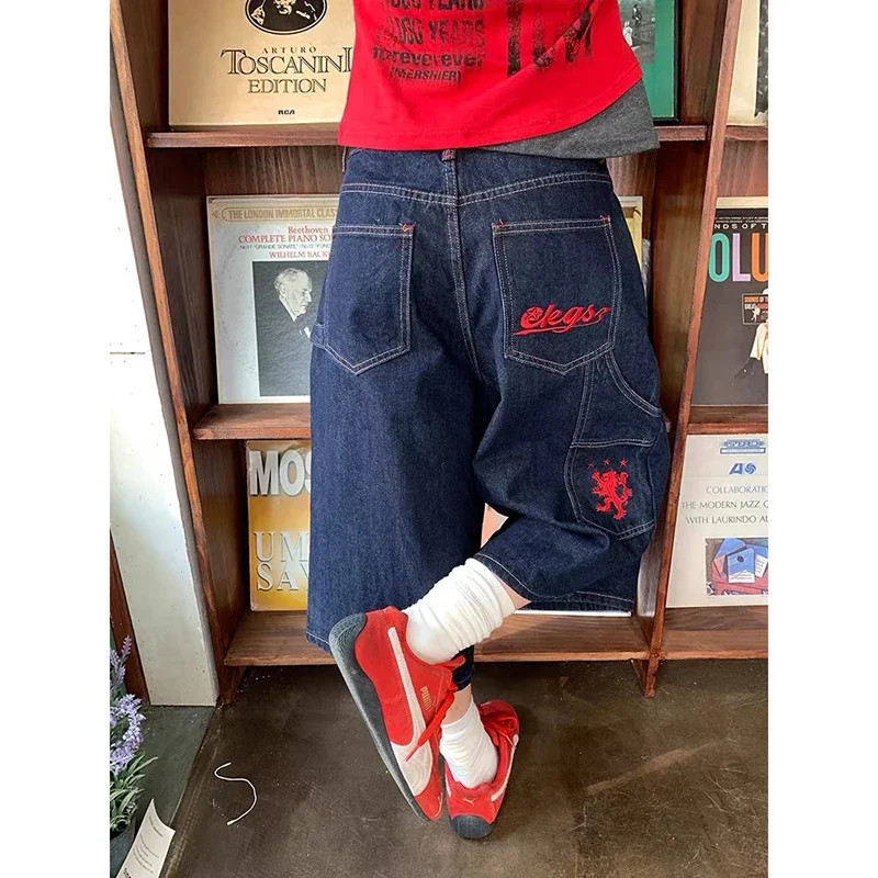 

Women Blue High Waist Vintage Embroidery Y2k Jeans 90s 2000s Baggy Wide Leg Denim Pants American Retro Streetwear Trousers