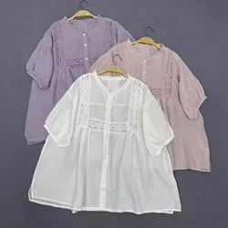 Johnature Japanese Patchwork Lace Loose Pure Ramie Short Sleeve Shirts Top Women Summer New Simple Thin Sunscreen Female Tops