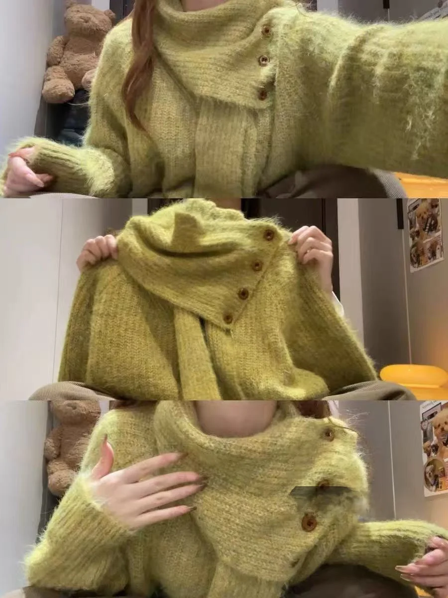 

Женский свободный свитер с высоким воротником и вязаным шарфом, весенний модный вязаный топ с V-образным вырезом на пуговицах, удобная дышащая верхняя одежда