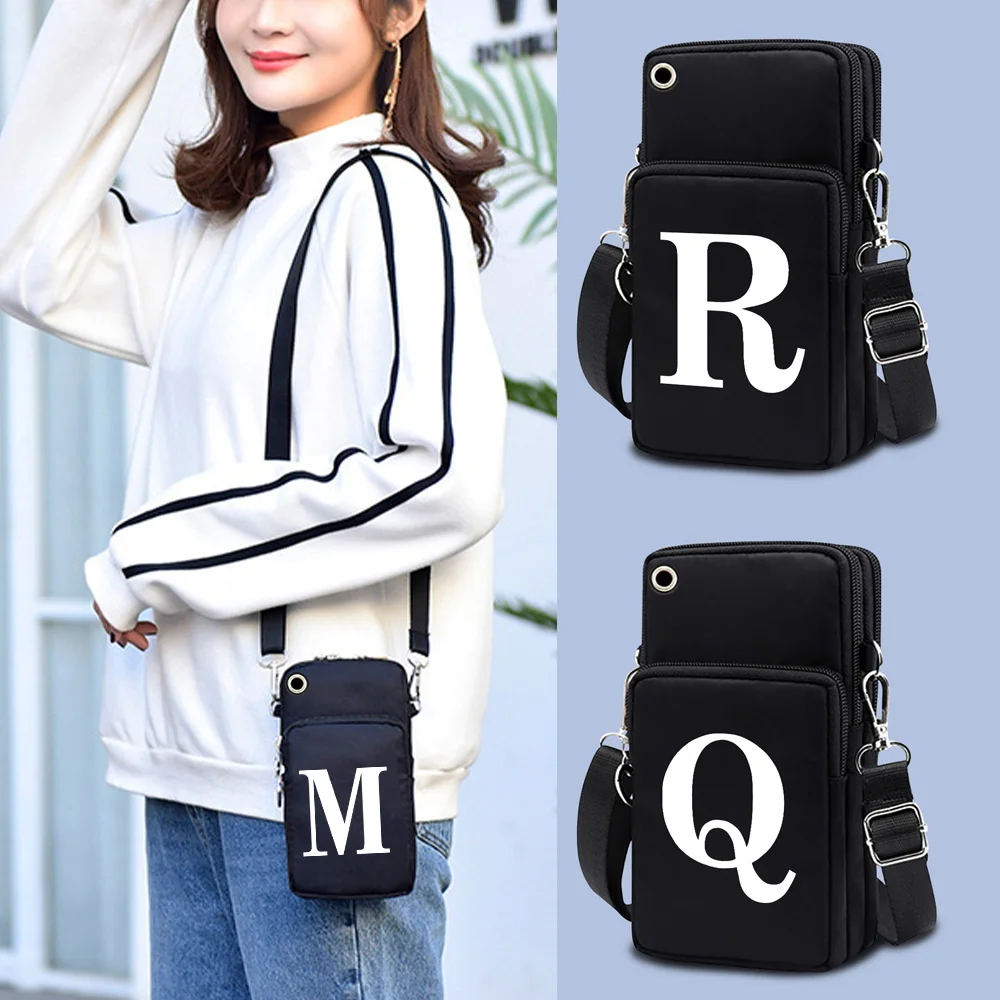 Mobile Phone Bags for Huawei Xiaomi Samsung iPhone Fashion Universal Pouch Women Wrist Package with White 26 Letters Pattern