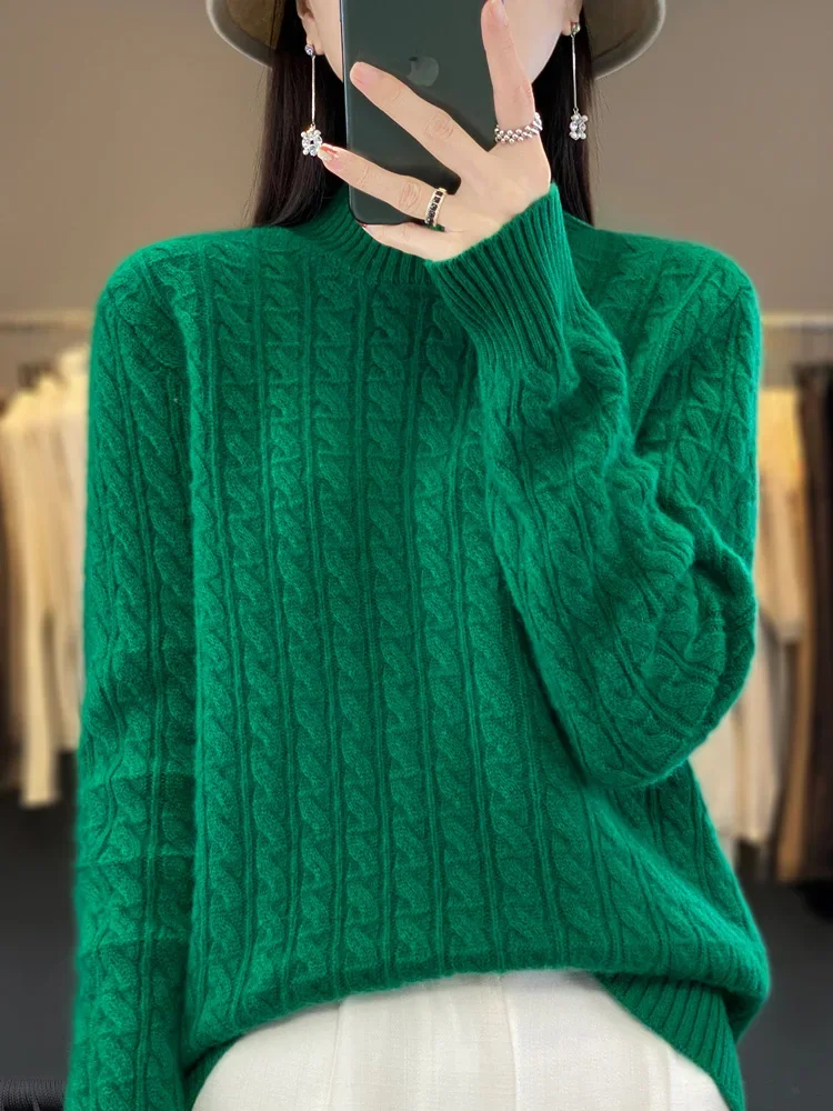 

Autumn Winter Women Pullovers 100% Merino Wool Sweater Thick Warm Mock Neck Twist Casual Cashmere Knitwear Fashion Tops B103