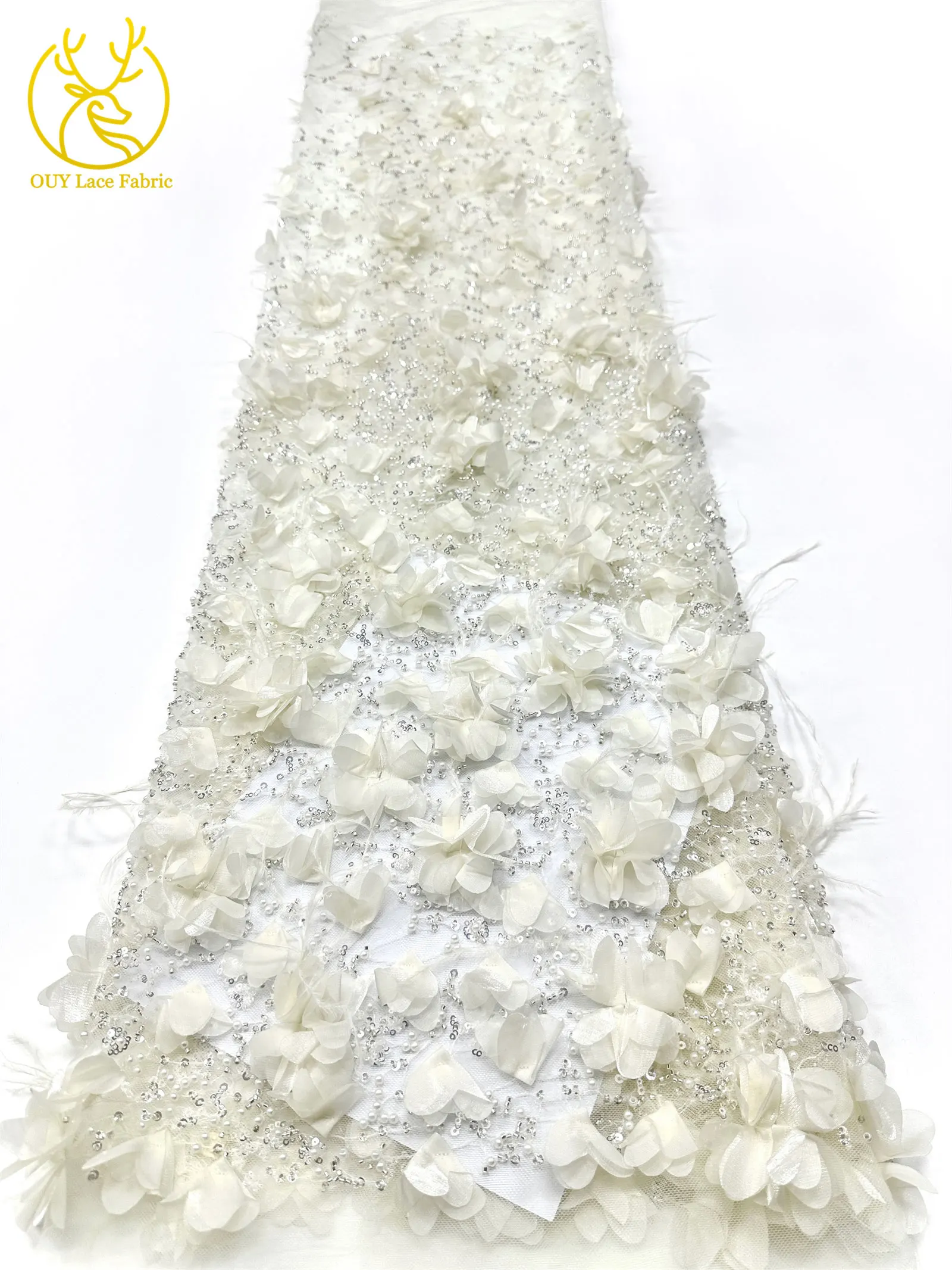 Eleganter handgefertigter 3D-Applikations-Spitzenstoff 2026, hochwertige französische Pailletten-Tüllspitze für Hochzeits- und Partykleider, 5 Yards – Detail 13