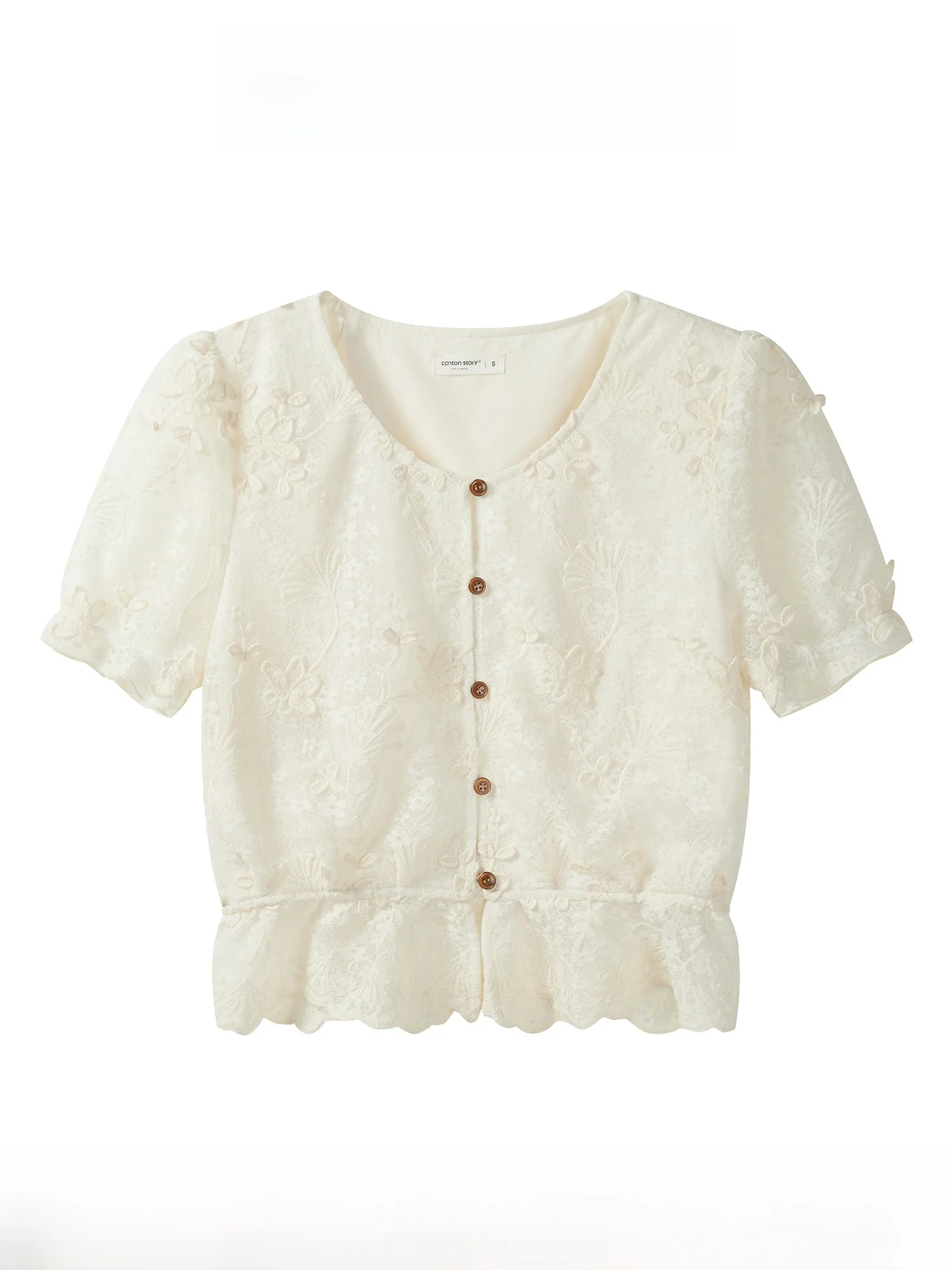 

Ретро-блузка с кружевным цветочным принтом, короткий рукав, женская, бежевого цвета, дышащая, комфортная, из смесового полиэстера и хлопка, летняя, универсальная.