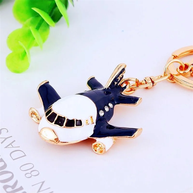 Cute Rhinestone Crystal 3d Model Airplane Keychain Key Chain Blue Aircraft Plane Key Ring Holder Pendant Keyring