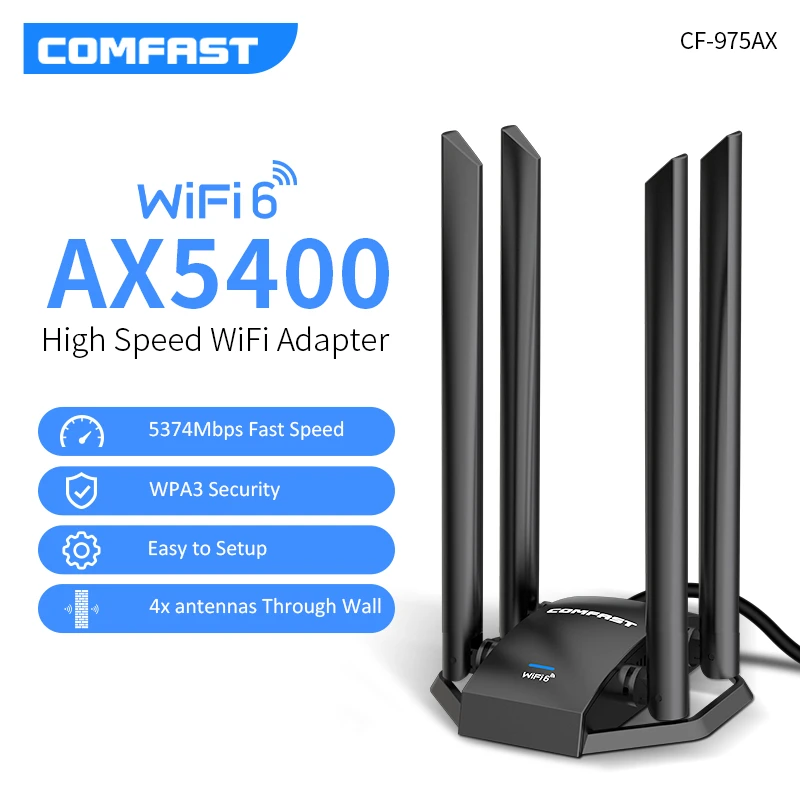 COMFAST 5400Mbps Wifi 6 Wireless Network Card USB3.0 with 5dBi Antennas 2.4GHz+5GHz+6GHz 802.11ax Dongle for Enhanced Network