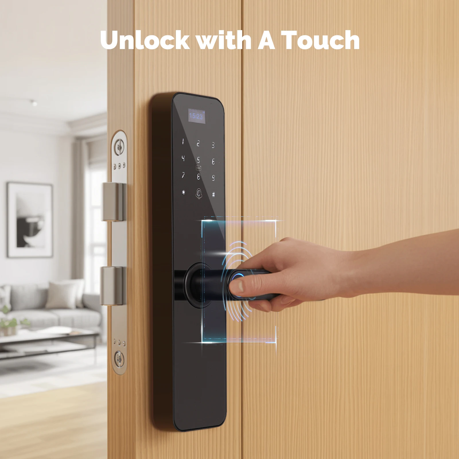 MOES Bluetooth Smart Wooden Door Lock Indoor Password Fingerprint Remote Unlock Keycard With Screen Tamper Alarm Battery Powered
