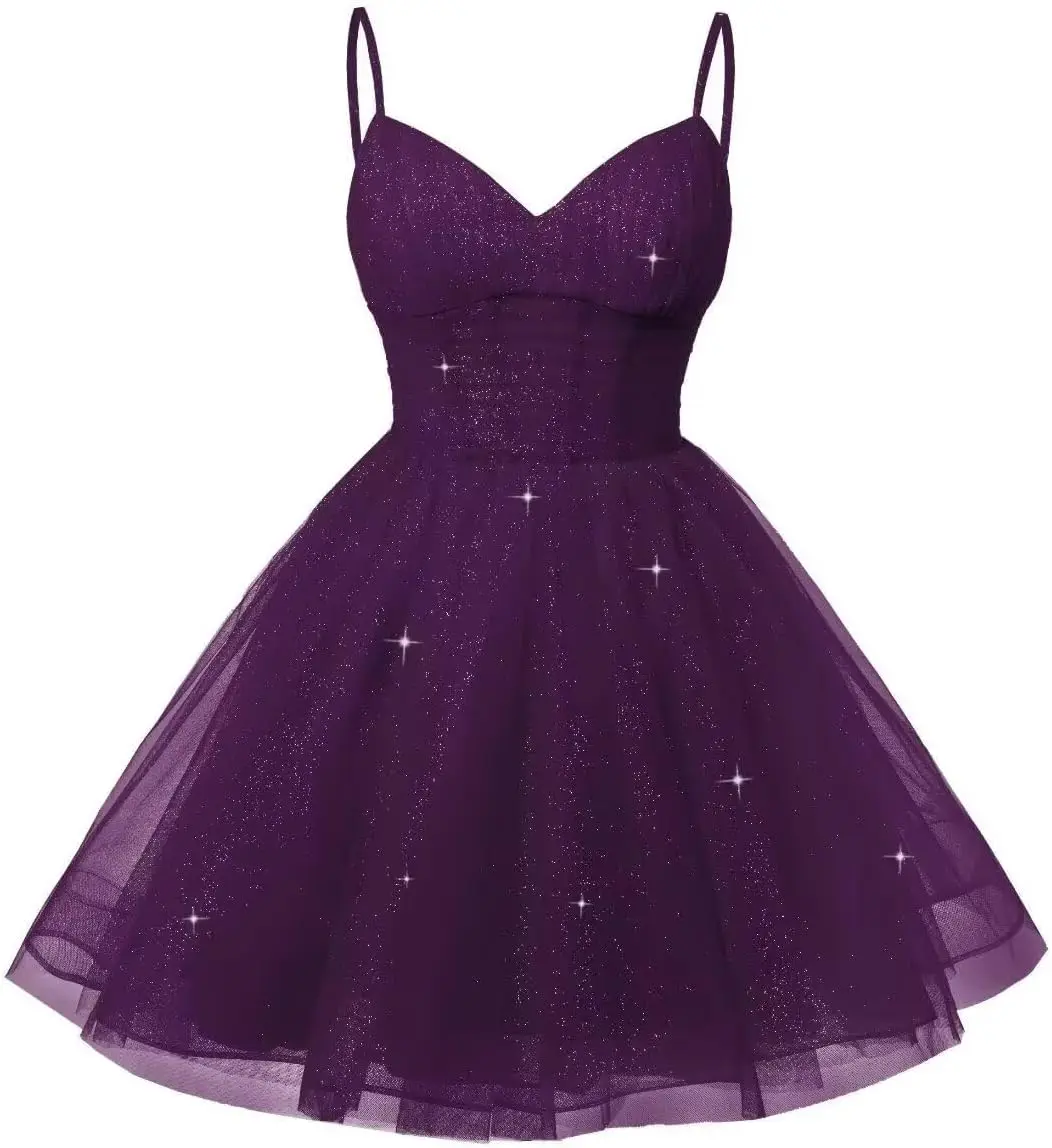 

Women's Glitter Mini Short Tulle Party Dress A-Line Spaghetti Formal Gown Graduation Homecoming Cocktail Dress