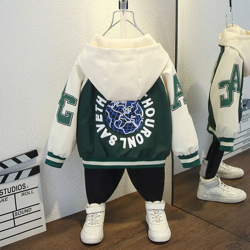 Moda meninos cor bloco jaqueta de beisebol 2025 primavera outono bebê menina carta impressão casual com capuz zíper casacos roupas do miúdo 2-12 y