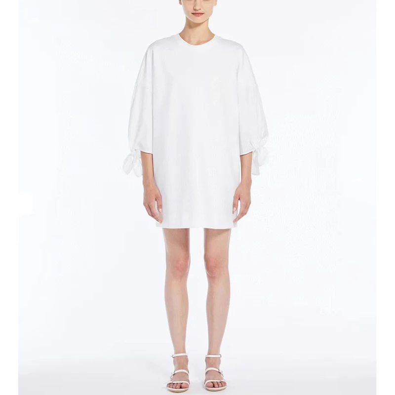 

Women's Bodycon Dress, Patchwork Bubble Sleeve Tie Dress, Casual Loose Midi Dress, High Quality Cotton, 2024, Summer, New, y2k