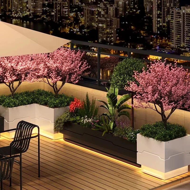 Modern metal flower pot tray features terrace flower pot box with lamp for indoor/outdoor garden decoration