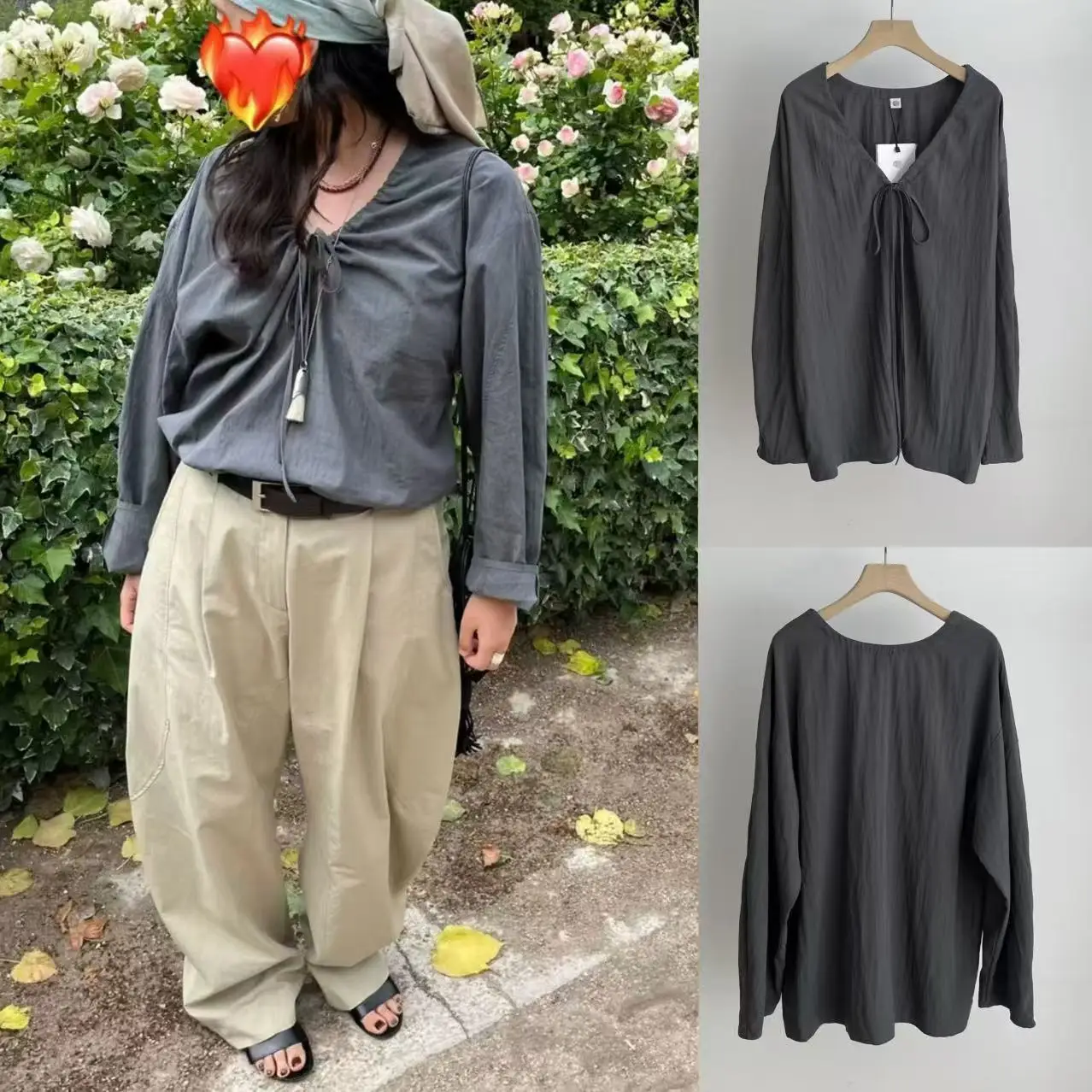 

Simple V-ne Adjustable Dstring Loose Long Sve irt Women's Casual Faion Autumn 2025 Sle Comfortable Fit Blouse
