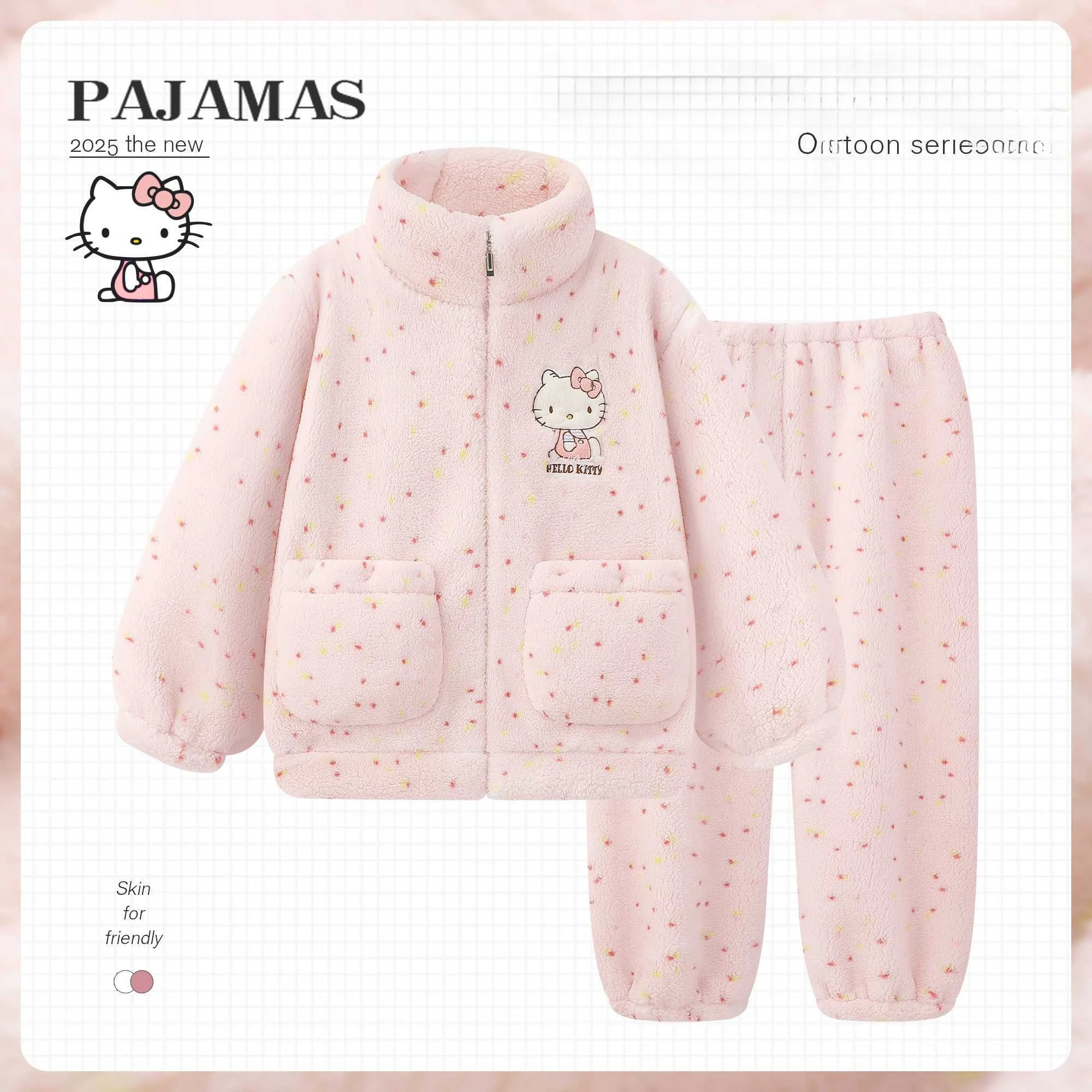 Sanrio Hello Kitty Cartoon süßer Studentenpyjama Kawaii süßer Herbst und Winter verdicktes Korallenvlies warmes Loungewear-Set Geschenk