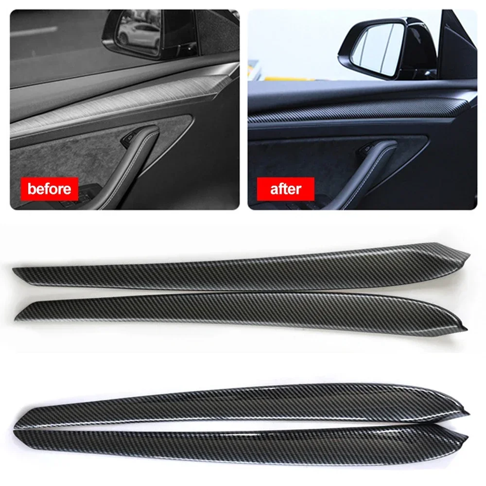 

2Pcs Carbon Fibre Car Door Decoration Internal Trim ABS Cover Accessories Dashboard For Tesla Model 3 2023 Model Y 2022