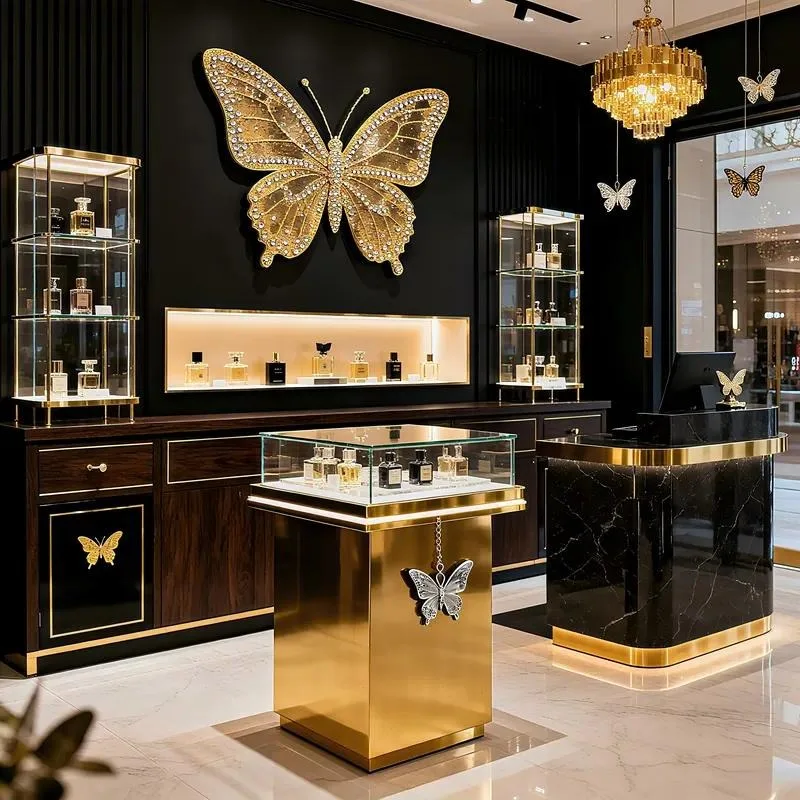 Luxury Custom LED Luminous Tempered Glass Back MDF Perfume Display Stand Vertical Shelf for Retail Store Showcase