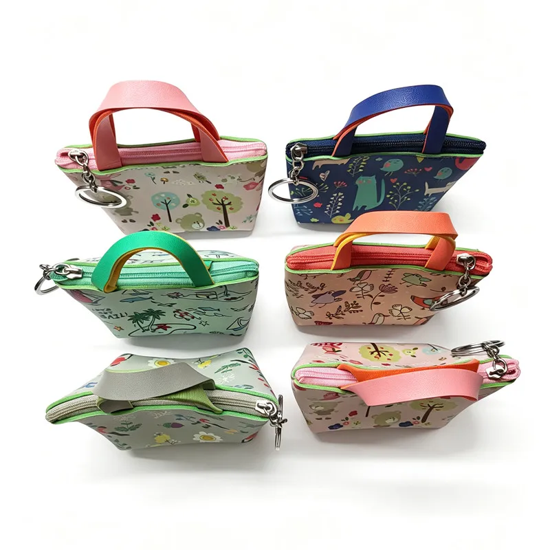Cute Animal Pattern Key Earphone Cable Wallet Cartoon Bird Cat Bear Whale Style Mini Handbag PU Leather Coin Purse With Keychain