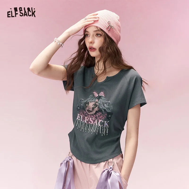 ELFSACK Trendy Clown Girl Print Shirred Fitted Short Sleeve Tshirt For Women