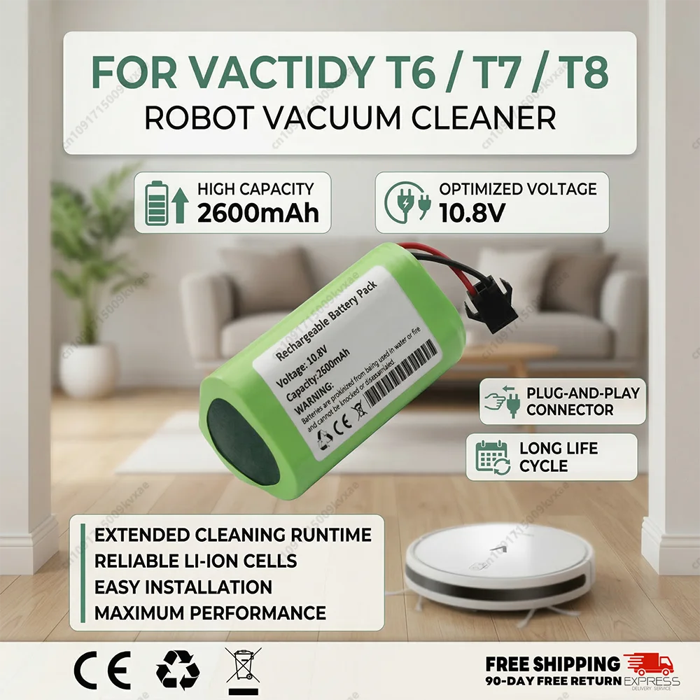 

Reoaoone Replacement Battery Fit for Vactidy T6 T7 T8 Robot Vacuum Cleaner 10.8V 2600mAh Large Capacity Li-ion Spare Parts