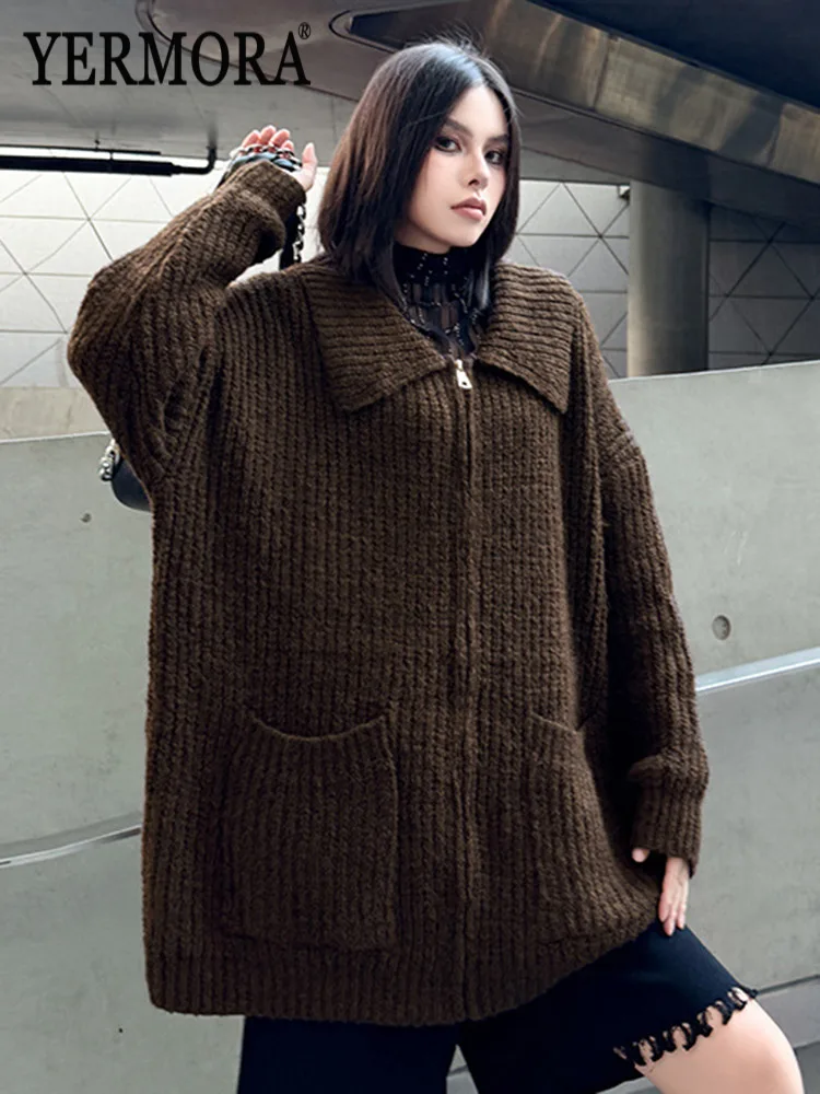 

YERMORA Women's Coffee Zipper Pocket Knitting Cardigan Lapel Long Sleeve Loose New Sweater Fashion Tide Autumn Winter 2025