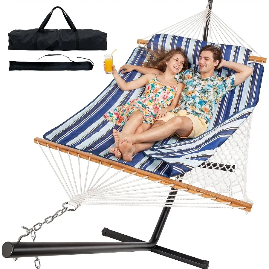2 Person Double Hammock with Stand, 500 lb Cotton Rope