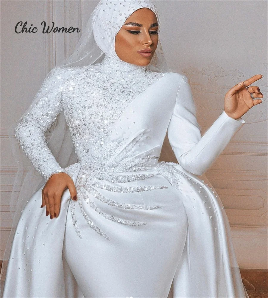 Sparkly Muslim Wedding Dress With Overksirt Train Glitter Ivory Mermaid Arabic Dubai Bridal Gowns Long Sleeve Bride Customized