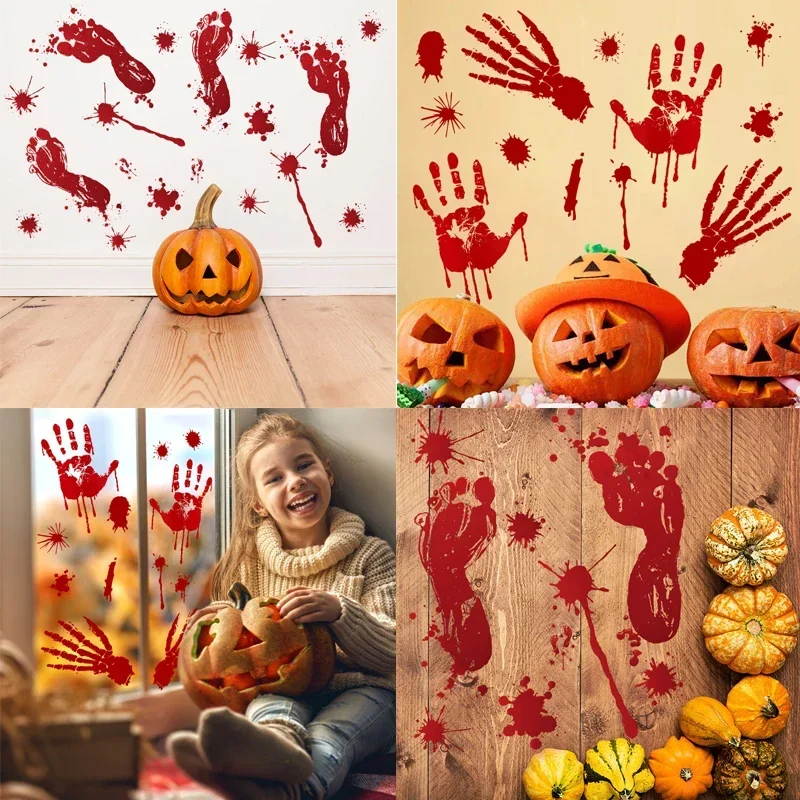 Halloween Stickers Horror Blood Hand Print Door Stickers Window Bathroom Shadow Glass Female Ghost Wall Decal Halloween Decor