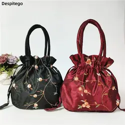 1Pc Retro Embroidery Silk Drawstrings Handbags Storage Bags Hanfu Women Purse Wallets Jewerly Packing Bag Card Holder