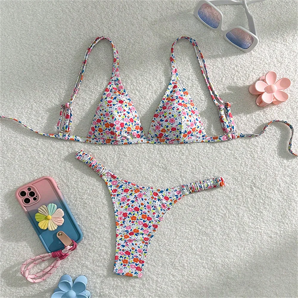 Costume da bagno sexy floreale a triangolo con stringhe Extreme Y2K Costume da bagno push up in pizzo senza schienale Abiti da vacanza Costume da bagno da spiaggia per donna
