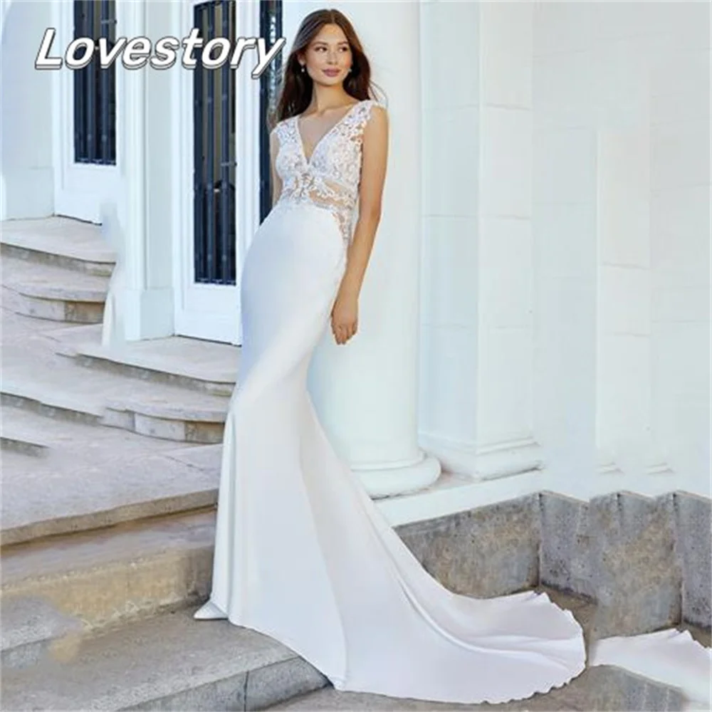 เรียบง่าย Gorgeous Mermaid งานแต่งงานชุดเดรสเจ้าสาว Robes V-Neck Illusion ชุดเจ้าสาว Appliques ปุ่ม Vestidos De Noiva