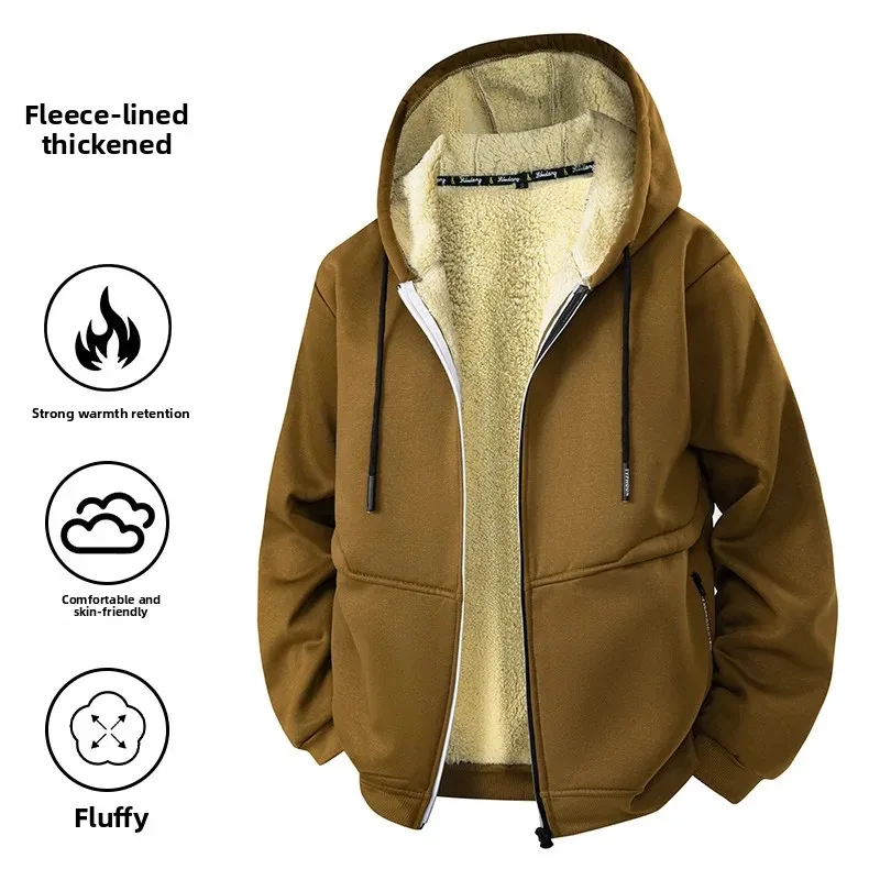 

Men's Autumn Winter Jacket Thickened Lamb Velvet Casual Hoodie Cardigan Outerwear Full Sleeve Warm and Windproof Thickened Coat