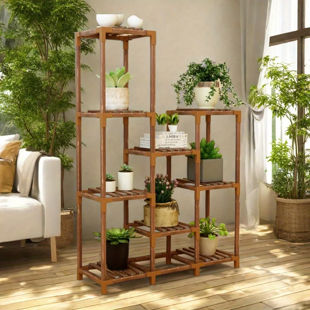 1 Piece Modern Balcony Flower Stand - with 9-layer Plant POTS, Floor Supports, Storage Baskets, Indoor Succulent Climbing