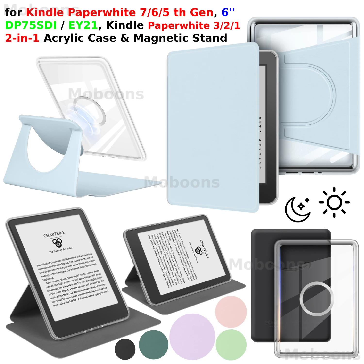 For Kindle Paperwhite 7th 6th 5th Gen Case 6'' 360° Rotatable Magnetic Detachable PU Leather Stand Cover Sleep/Wake DP75SDI EY21