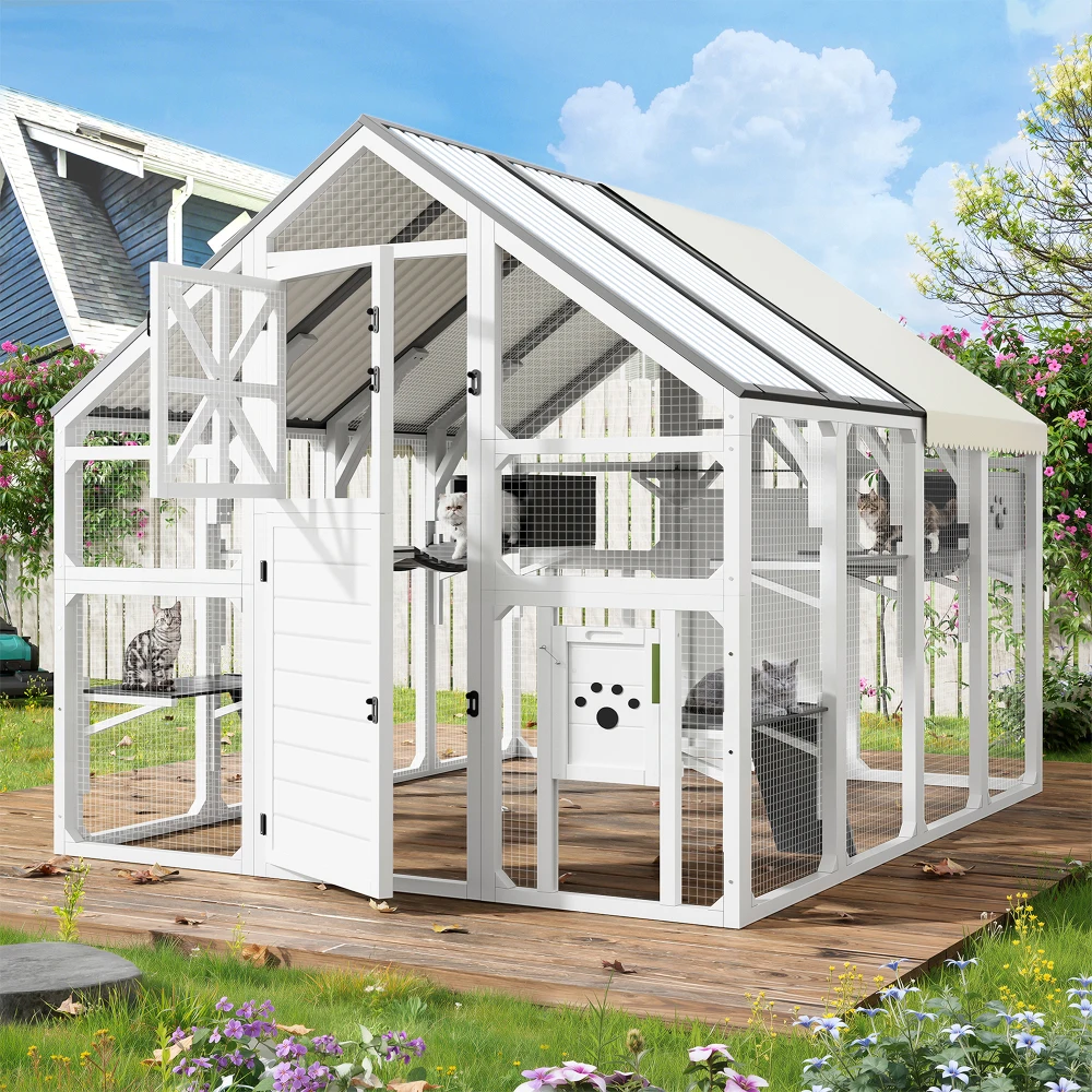 

Extra Large Walk-in Outdoor Catio for Multiple Cats: Bridges, PVC Roof,8 Platforms,2 Resting Boxes,White&Grey