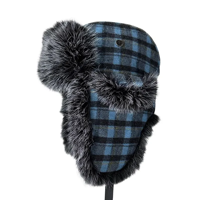 Winter Plaid Trapper Hat for Men Warm Thick Furry Lined Ear Flap Cap