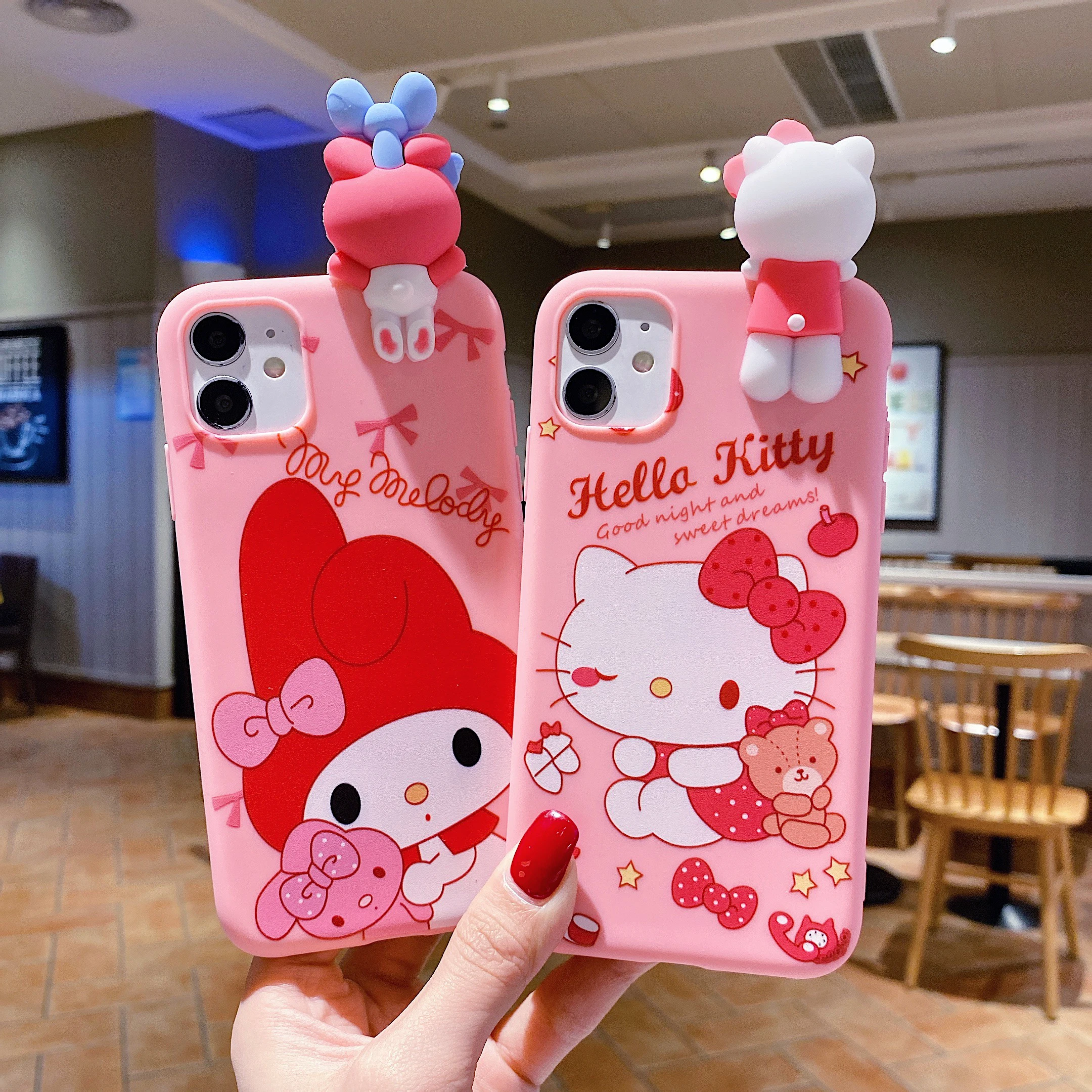 For iPhone 17 16 16e 15 14 13 12 11 Pro Max Air XR X XS Max 6 6S 7 8 Plus SE 3D Cartoon Sanrio Kitty Melody Holder Lanyard Case