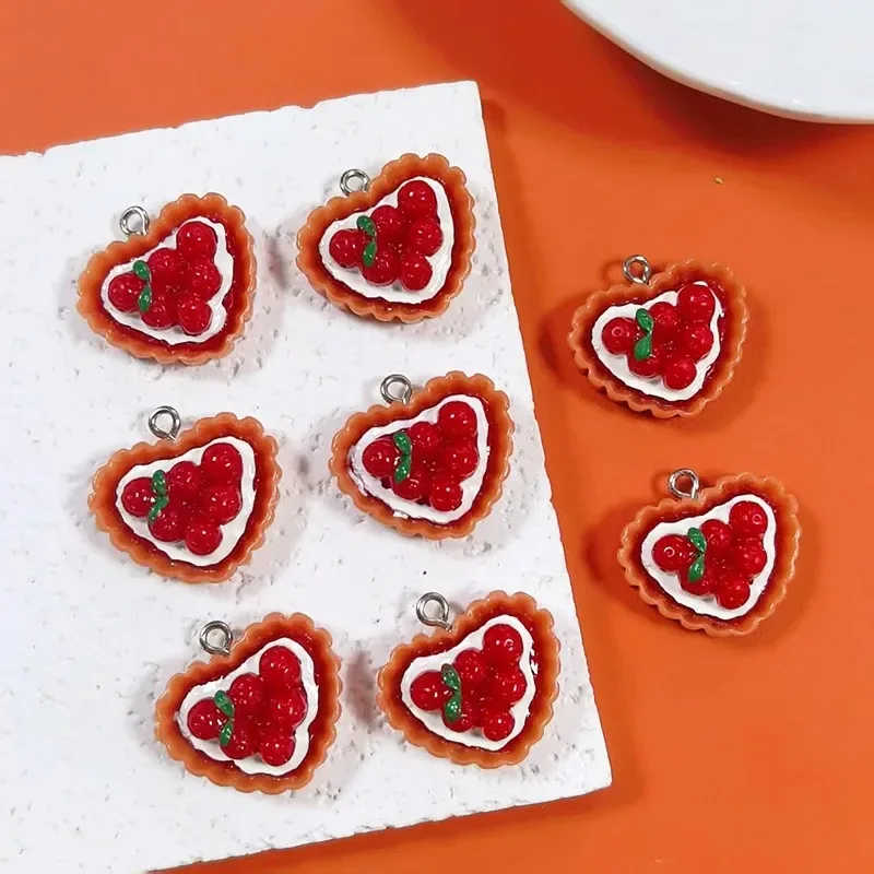 10Pcs Simulation Dessert Resin Charms Mini Heart Strawberry Cake Pendants DIY Handcraft Supplies for Earrings Keychains