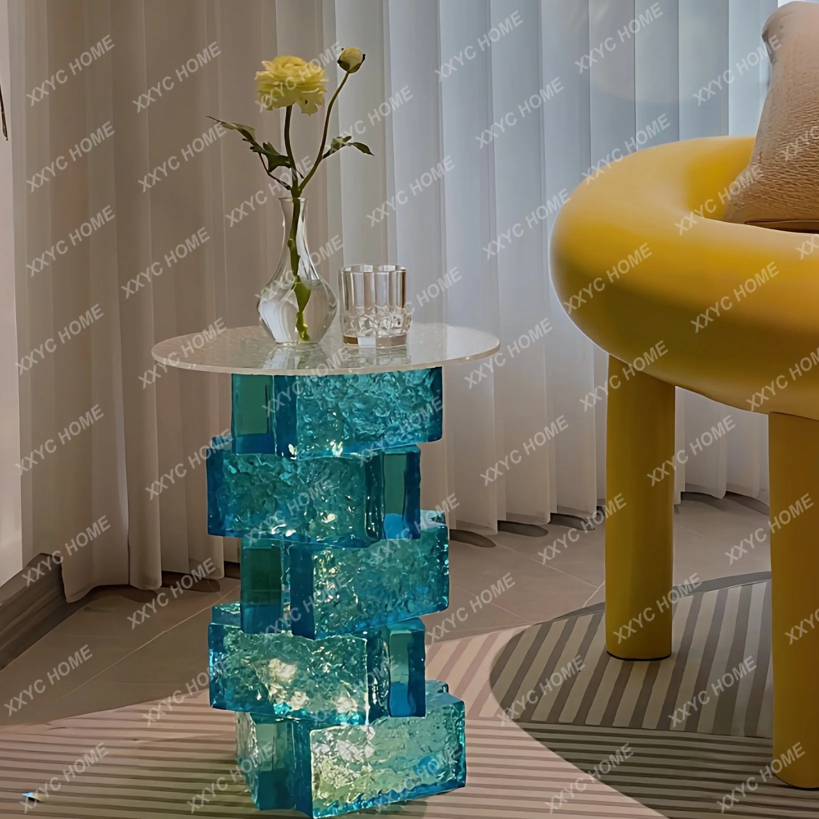 Acrylic sapphire blue crystal coffee table creative glass transparent edge table living room table high-end light luxury small