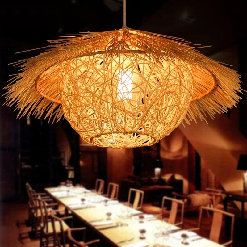 

Chinese rattan pendant light, hand woven straw hat lampshade pendant light, living room decoration, indoor lighting fixtures