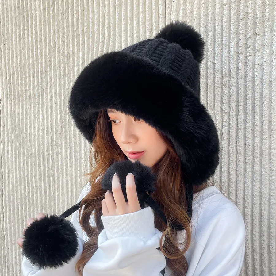 

COKK Hats For Women Winter Beanie Knitted Thick Velvet Pompom Fur Keep Warm Ear Protection Windoproof Casual Winter Cap Female