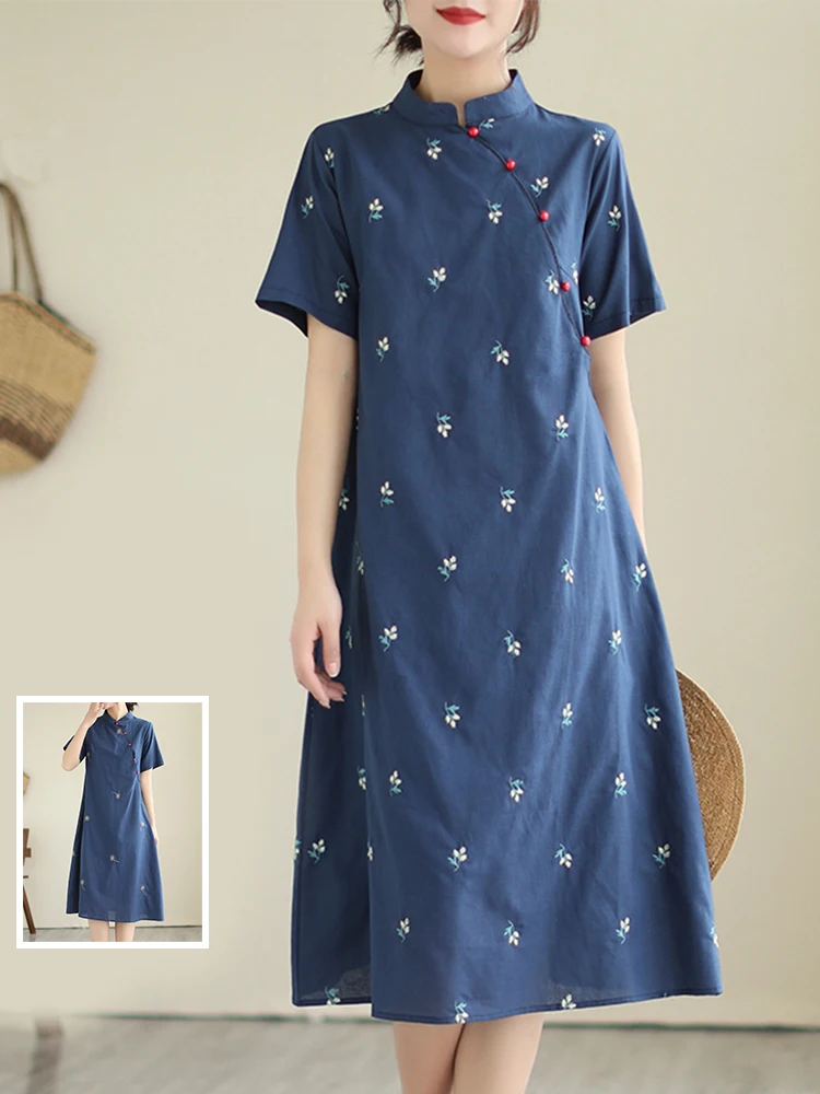 

Ретро китайский хлопок и лен с вышивкой, модифицированный Dr, свободный, для похудения, воротник-стойка, боковая пуговица, цельный, средней длины...