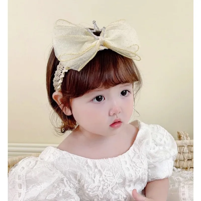 

Korean Style Baby Headband Lace Crown Bow Design Soft Stretchable Hair Accessory for Newborn Girls and Infants Photography Props