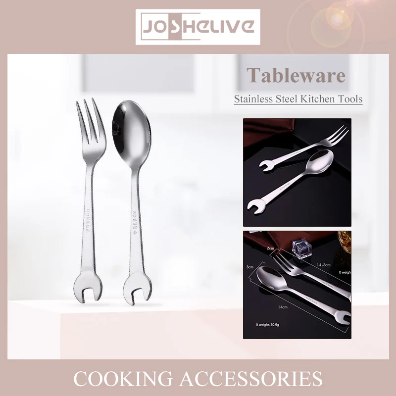 Cooking Accessories Long Forks Dinnerware Stainless Steel Wrench Spoon Creative Inner Fruit Dessert Tea Spoon Wrench Fork Shape