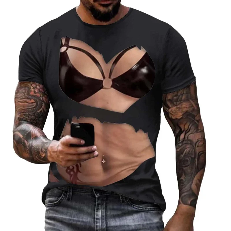 Men's Funny Bikini Print T Shirt Casual Crew Neck Short Sleeve Tees 3D Realistic Graphic Top for Humorous Parties and Daily Wear