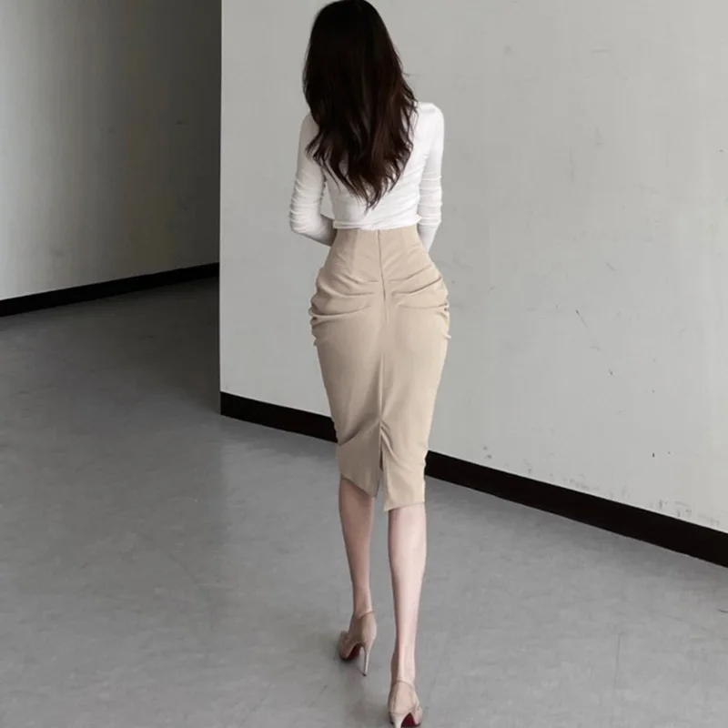 Korean Elegant Slim Sexy Hot Girl Feminine Ruched High Waist Bodycon Midi Skirt For Women Fashion Women Skirts 2025 New 8H7F